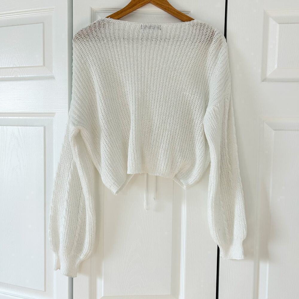 SHEIN White Knit Drawstring Crop Sweater V Neck Long Sleeve Pullover EUC Sz S - Picture 6 of 8